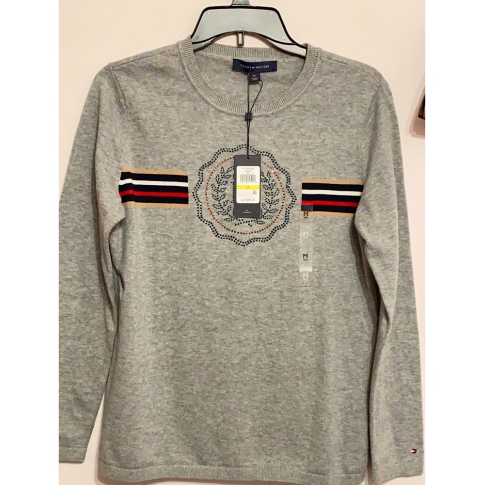 Tommy Hilfiger Cotton Graphic Rhinestone-Studded Sweater Color: Gray